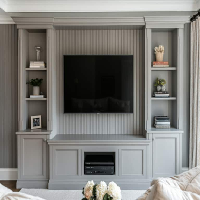 Contemporary TV Unit Design With Grey Accent Wall And Wooden Fluted Panels