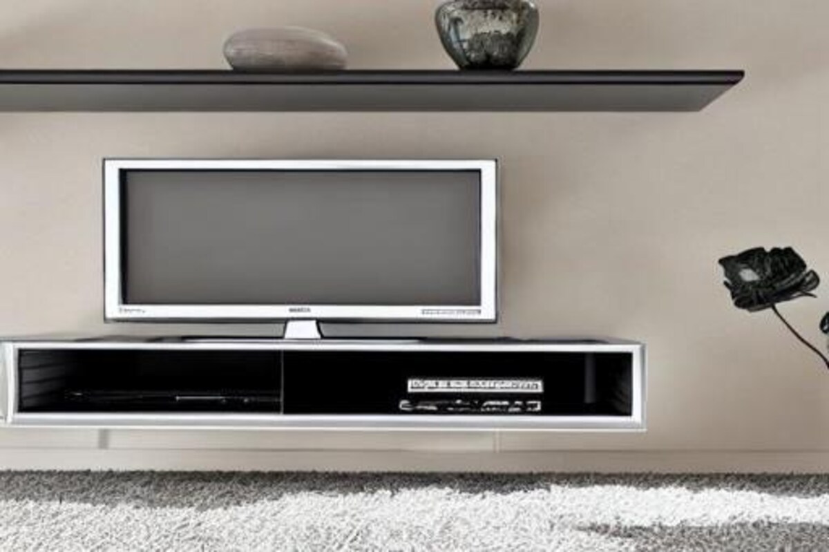 Rustic TV Unit Design in Black Laminate with Grey Rugs
