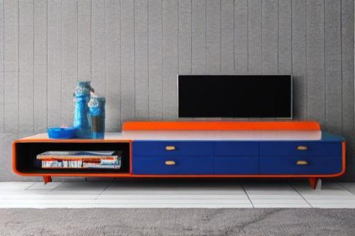 Modern TV Unit in Blue and Orange Laminate Modern TV Unit in Blue and Orange Laminate