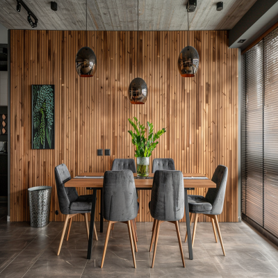 Contemporary Wood And Grey 4-Seater Dining Room Design With Wooden Wall Panelling