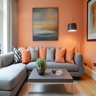 Contemporary Peach Living Room Design With L-Shaped 4-Seater Grey Sofa