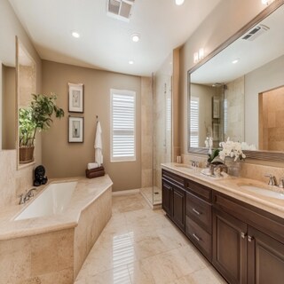 Contemporary Bathroom Design With Beige Tiles and Suede Laminate Finish