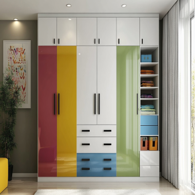 Modern 5-Door White Swing Wardrobe Design With Multicoloured Loft Storage And Drawer Units