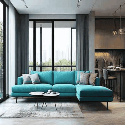 Modern Living Room Design With Turquoise L-Shaped Sofa