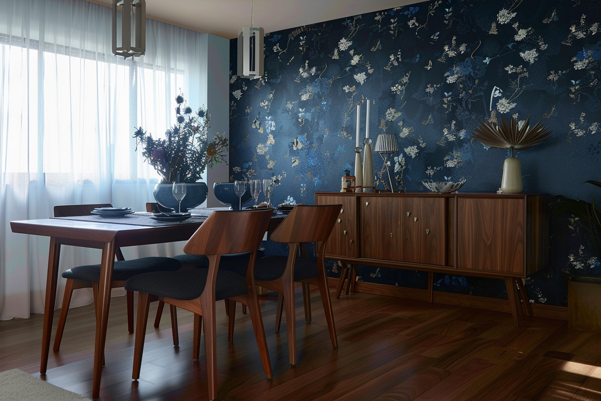 Contemporary 4-Seater Wood And Blue Dining Room Design With Blue Floral Wallpaper