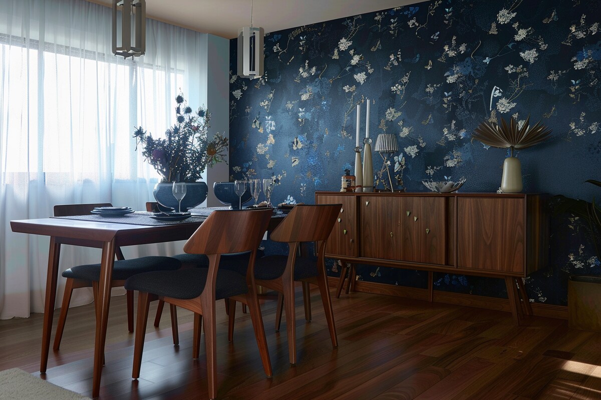 Contemporary 4-Seater Wood And Blue Dining Room Design With Blue Floral Wallpaper Contemporary 4-Seater Wood And Blue Dining Room Design With Blue Floral Wallpaper