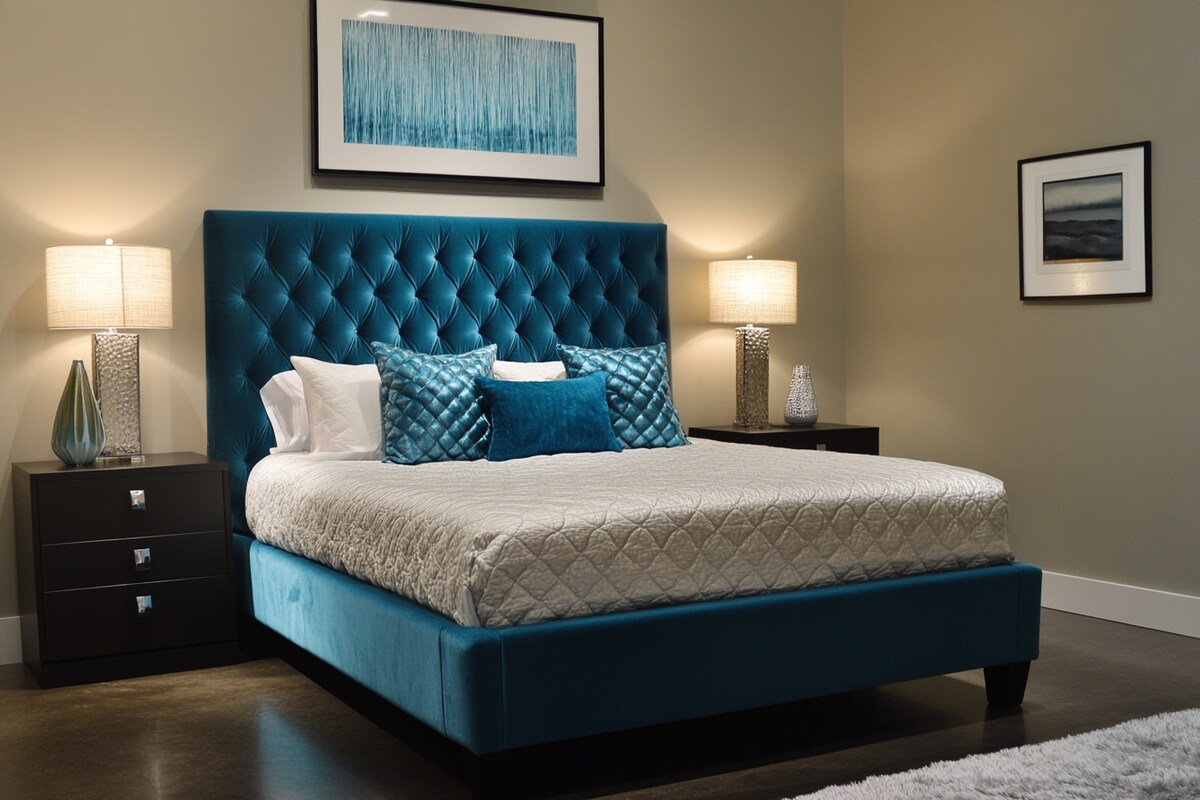 Modern Bedroom Design With Teal Blue Headboard