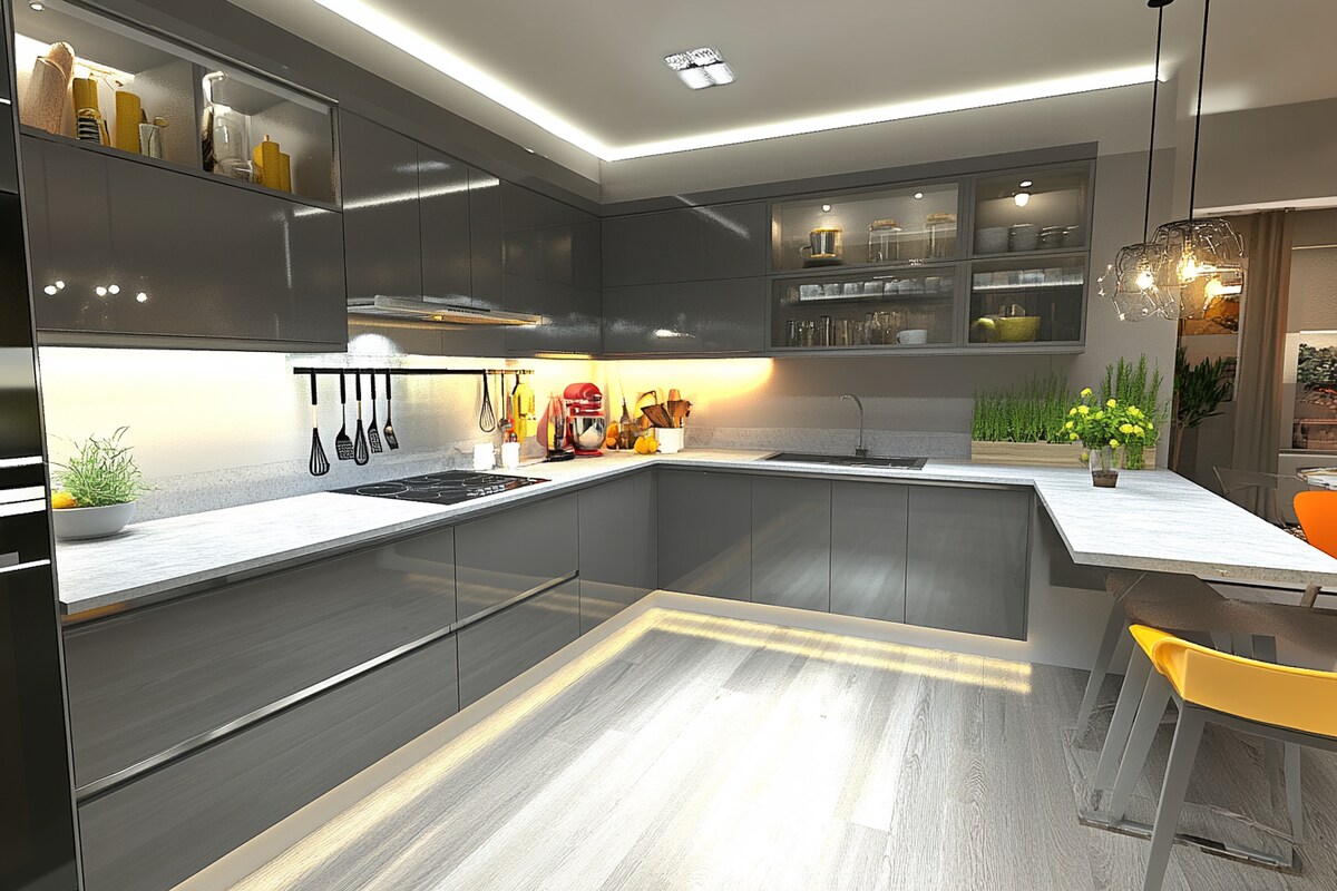 Grey Modern U-Shaped Kitchen Design with Quartz Countertop