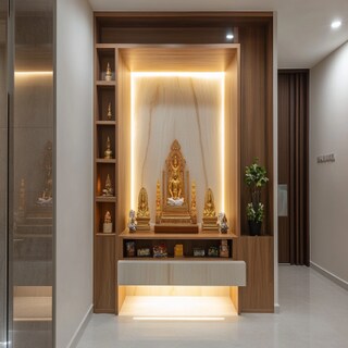 Modern Pooja Room Design With Wall Ledges For Storage