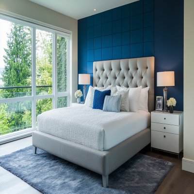 Modern Master Bedroom Design With Grey Tufted Bed And Textured Blue Accent Wall