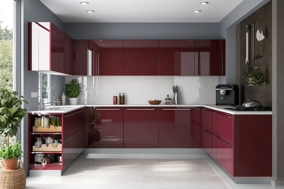 Contemporary High Gloss U-Shaped Kitchen Design With Cabinets Storage