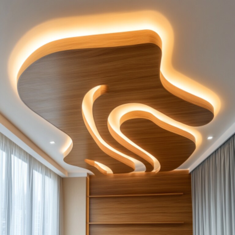 Contemporary False Ceiling Design With Layered U-Shaped POP And Wood