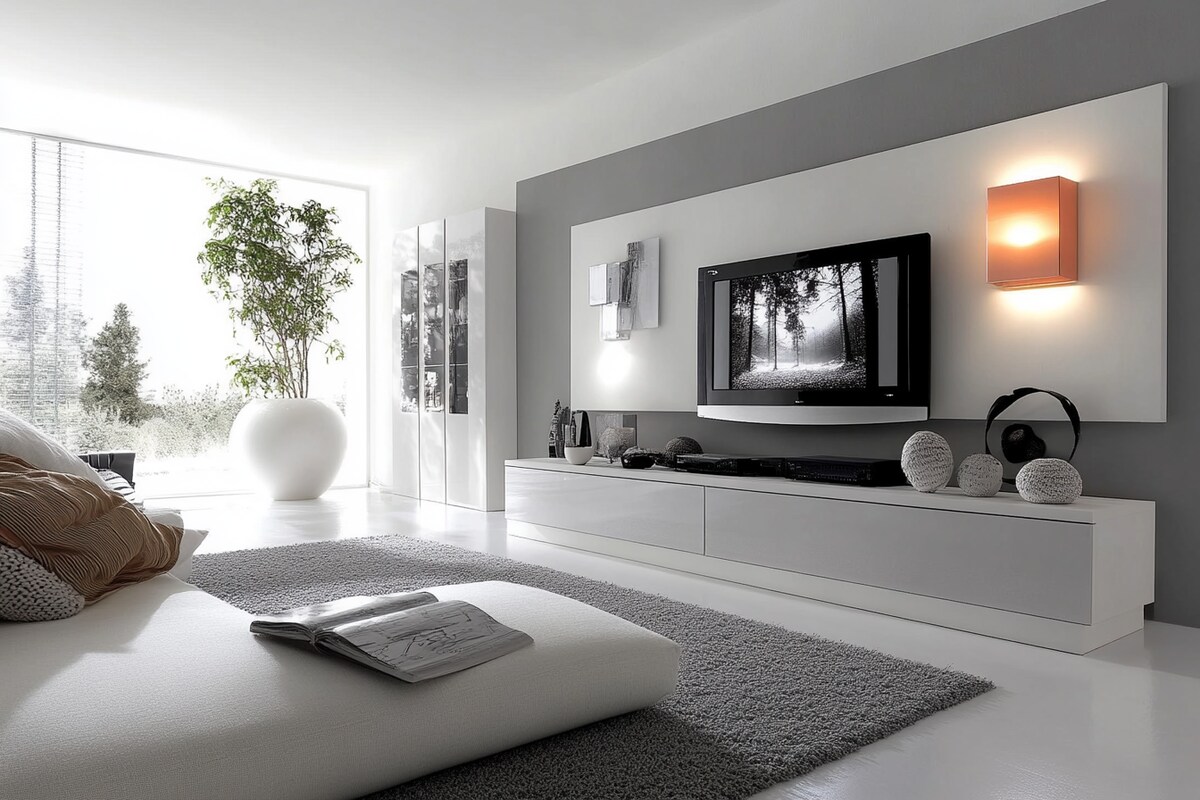 Modern White And Dove Grey TV Unit Design With Closed Storage Unit