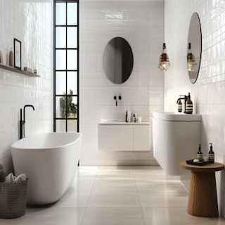 Modern White Tile Bathroom Design With Vanity