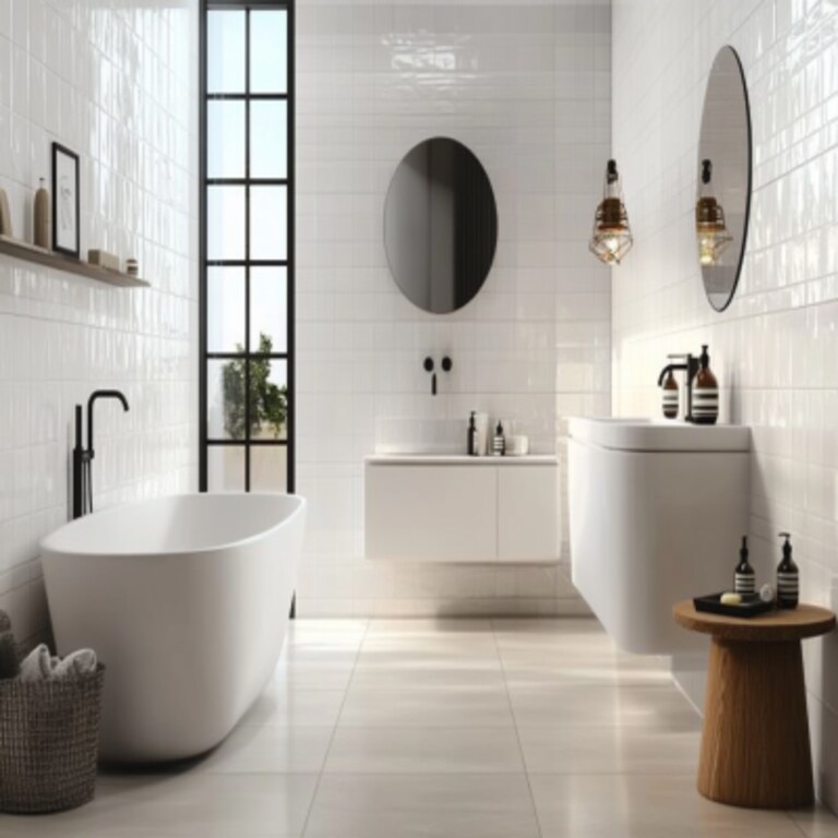 Modern White Tile Bathroom Design With Vanity