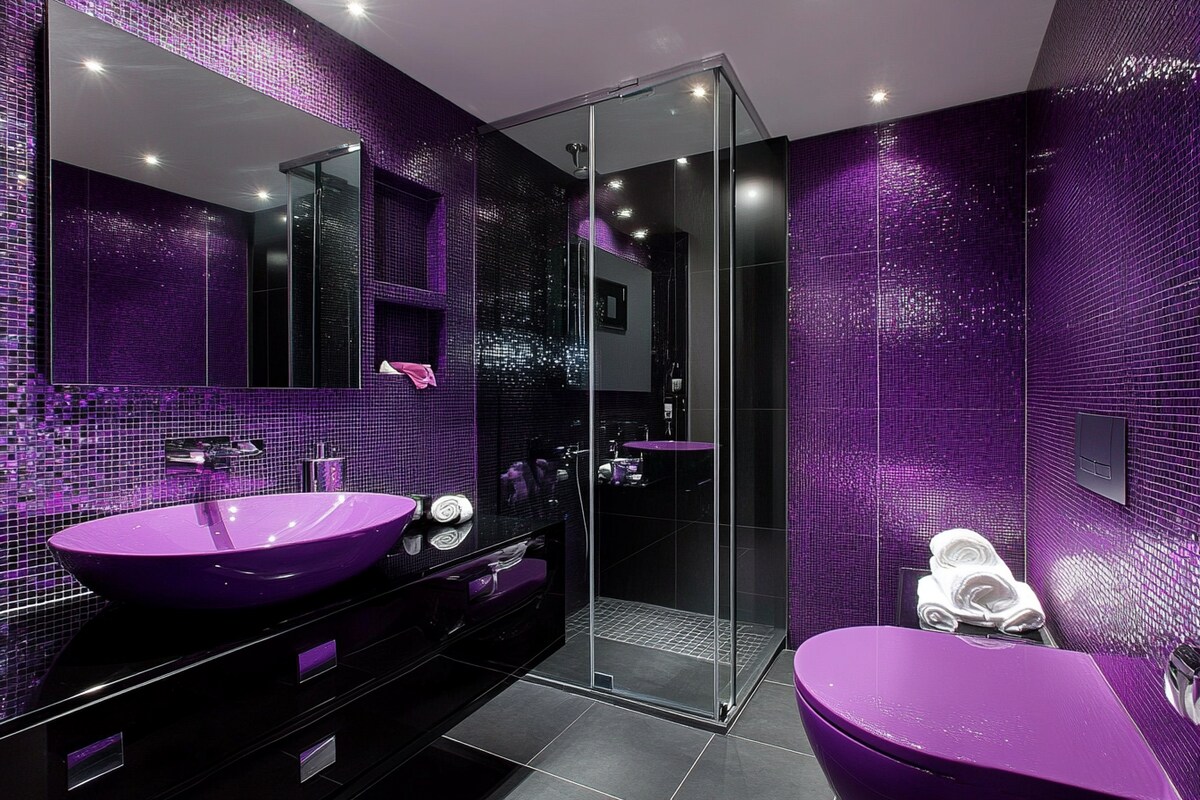 Modern Lavender And Black Bathroom Design With Square Mirror