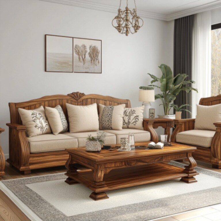 Traditional Living Room Design With Wooden Sofa Set And Wooden Coffee Table