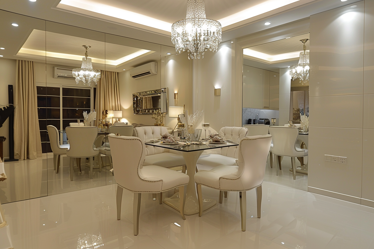 Contemporary 4-Seater Beige And White Dining Room Design With Bevelled Mirror Wall