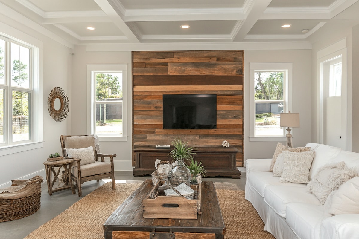 Classic White And Brown Wall Design With Wooden Planks