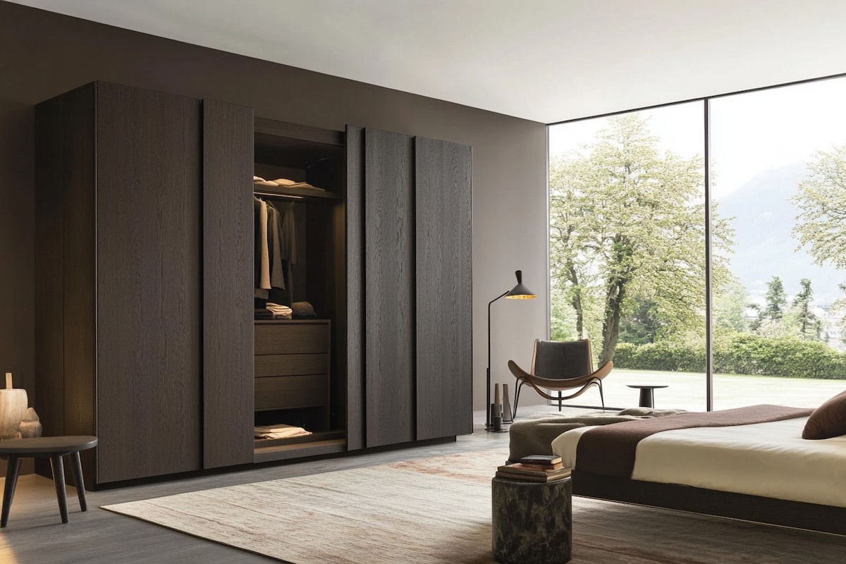 Modern Master Bedroom Design With Dark Wood Swing Wardrobe