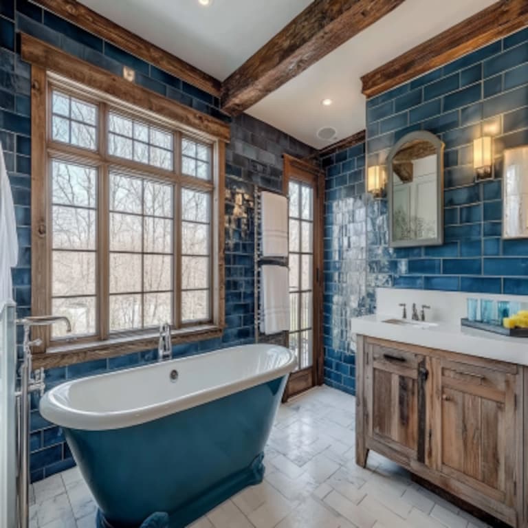 Contemporary Bathroom Design With Blue Subway Tiles