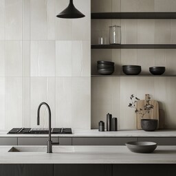 Modern Rectangular Black and White Herringbone Kitchen Tile Design