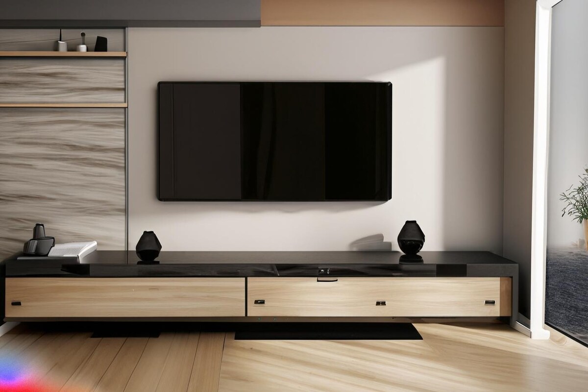 Modern TV Unit Design in Beige and Black Laminate with Wooden Flooring Modern TV Unit Design in Beige and Black Laminate with Wooden Flooring