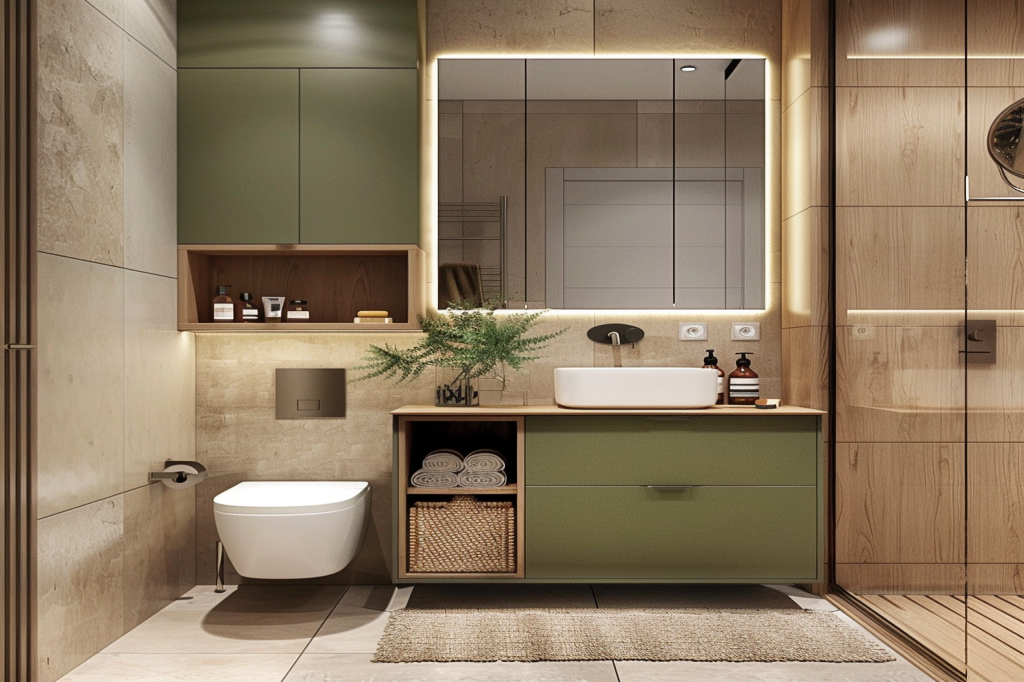 Scandinavian Brown And Beige Bathroom Design With Olive Green Wall-Mounted Bathroom Cabinet