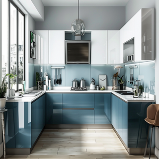 Modern Celestial Blue U-Shaped Modular Kitchen With White Loft Storage