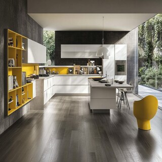 Modern Open Kitchen Design with White Units and Yellow Accents