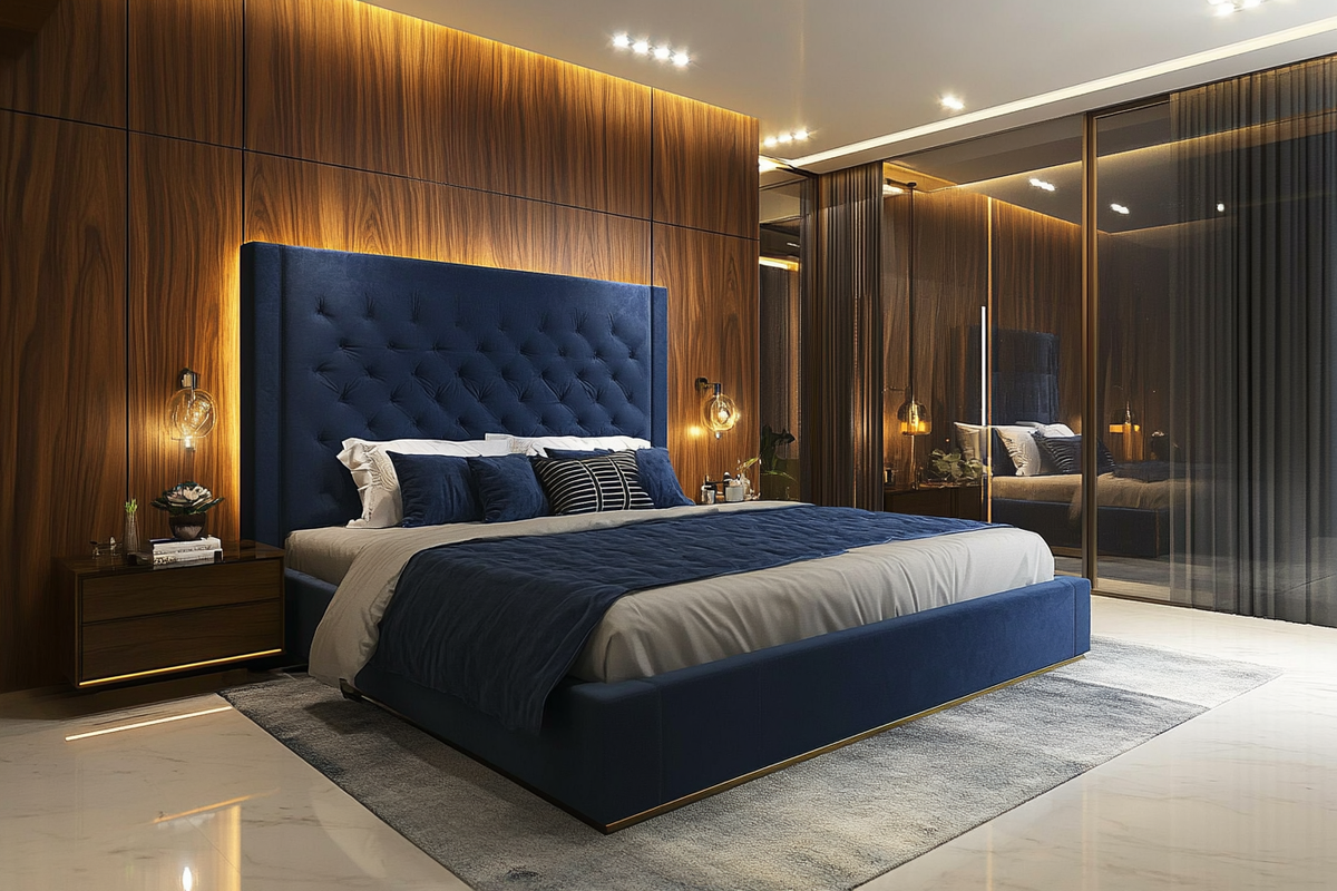 Modern Master Bedroom Design With Blue Headboard And Wooden Wall Panelling