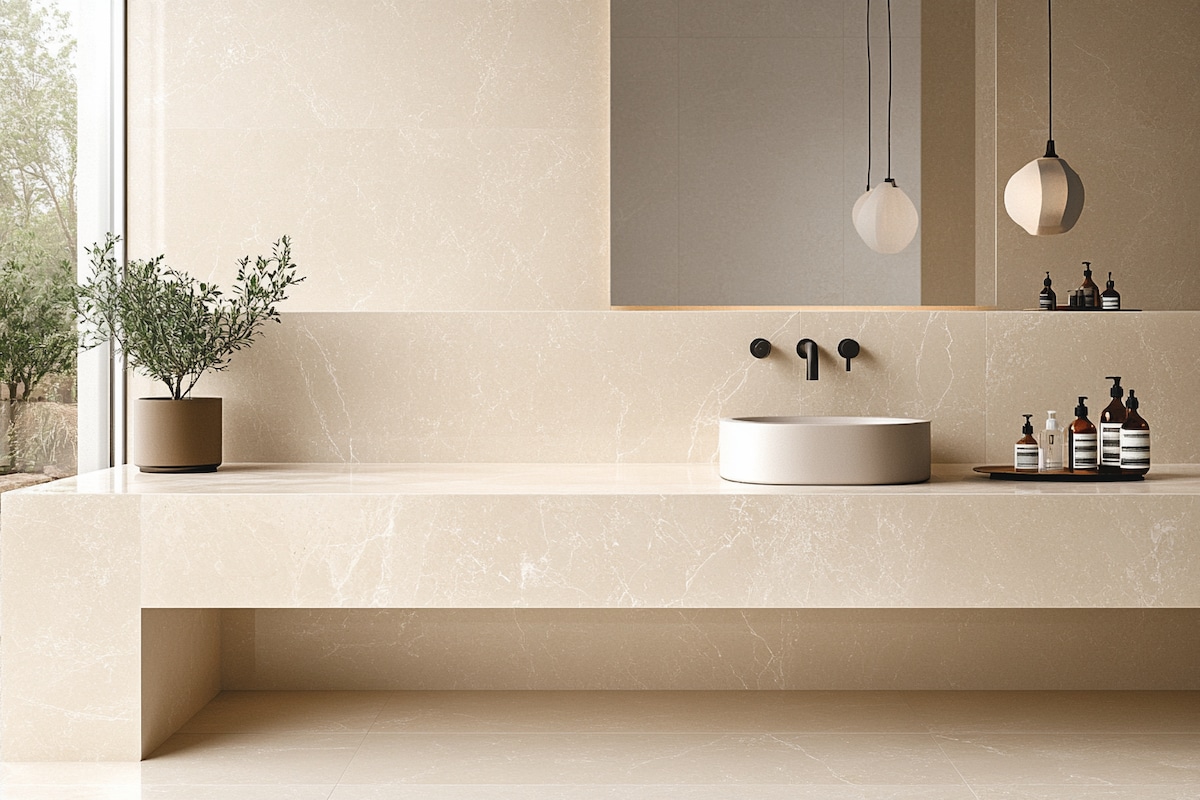 Minimalistic Bathroom Design with Beige Tiles and Quartz Countertop