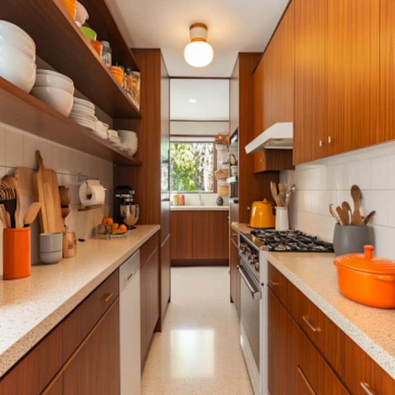 Mid-Century Modern Parallel Kitchen Design with Quartz Countertop