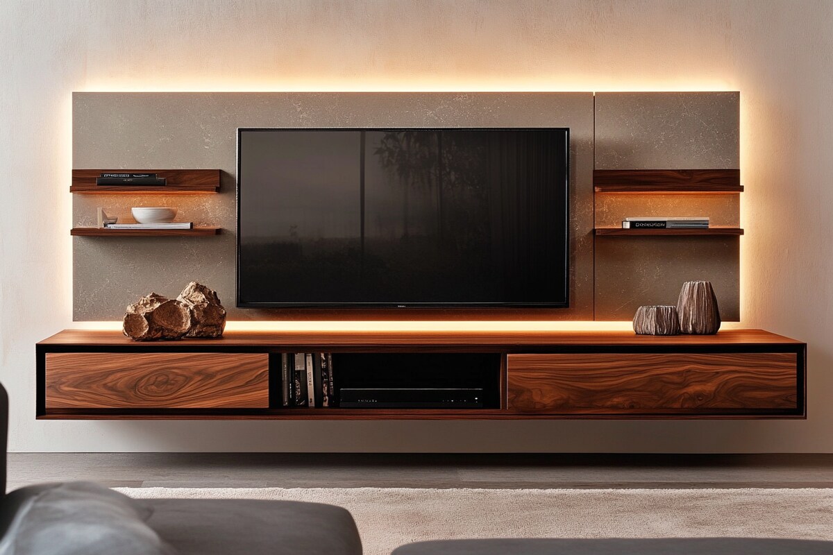 Modern Persian Walnut Wall-Mounted TV Unit Design With Drawers And Ledges