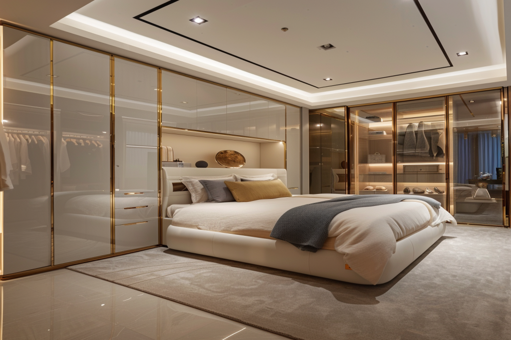 Modern Master Bedroom Design With White 5-Door Swing Walk-In Wardrobe