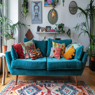 Bohemian Living Room Design With Teal Blue Sofa