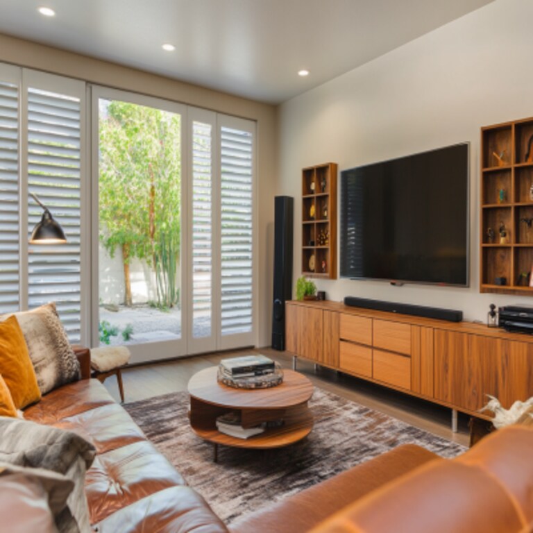 Mid-Century Modern Brown Living Room Design With Spacious Wooden TV Cabinet And Glass Shutters