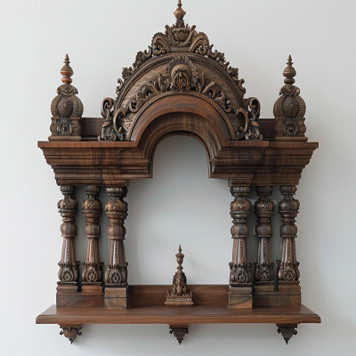 Traditional Wall-Mounted Walnut Bronze Mandir Design