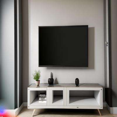 Modern TV Unit Design in White Laminate with Grey Wall
