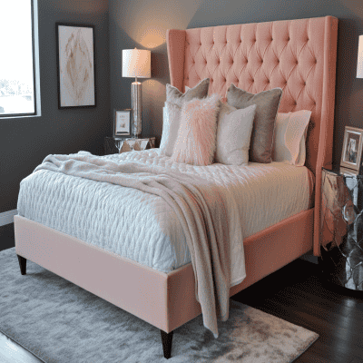 Modern Master Bedroom Design With Light Pink Tufted Headboard King Bed