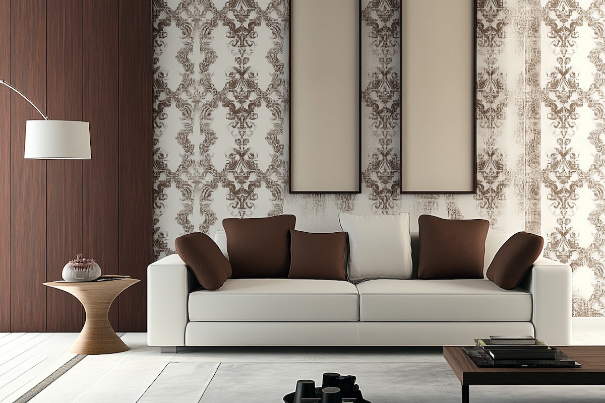 Modern White And Brown Wall Design With Wallpaper And Wooden Panelled Frames