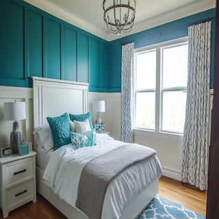 Modern Dual Tone Bedroom Wall Design With White And Teal Blue Paint And Trims