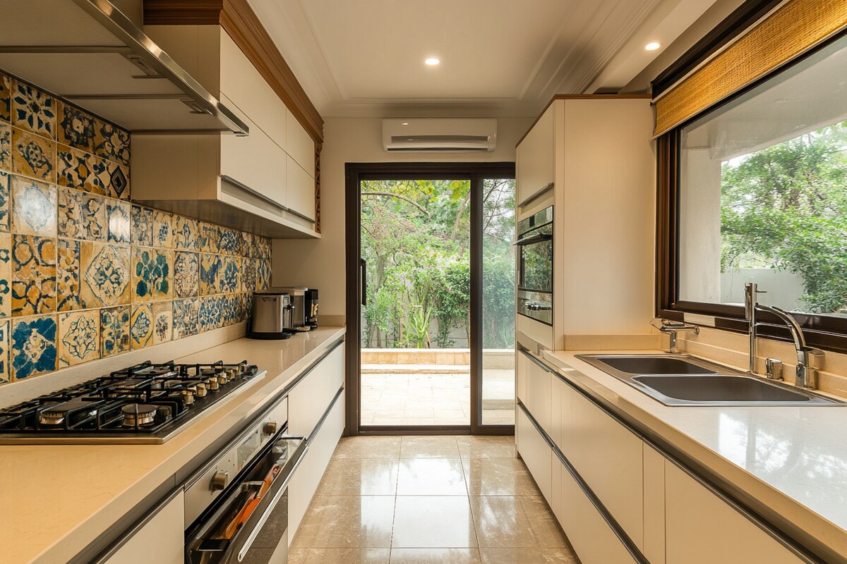 Modern Irish Cream Modular Parallel Kitchen Design With Moroccan Dado Tiles