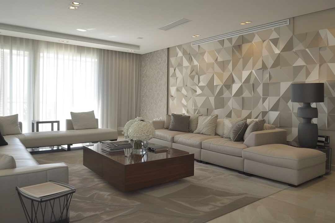 Contemporary Beige Living Room Design With White-Grey Geometric ...