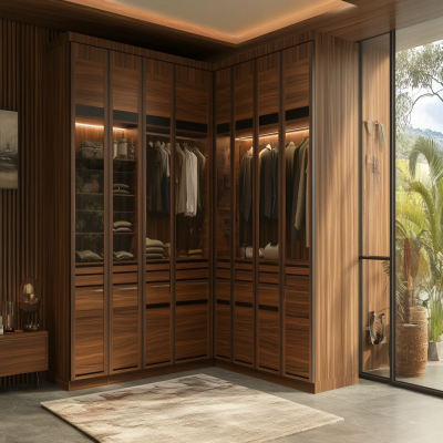 Contemporary 6-Door Cherry Walnut L-Shaped Walk-In Wardrobe Design With Glass Shutters