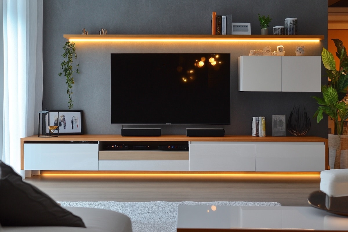 Modern White and Wood TV Unit Design with High-Gloss Finish