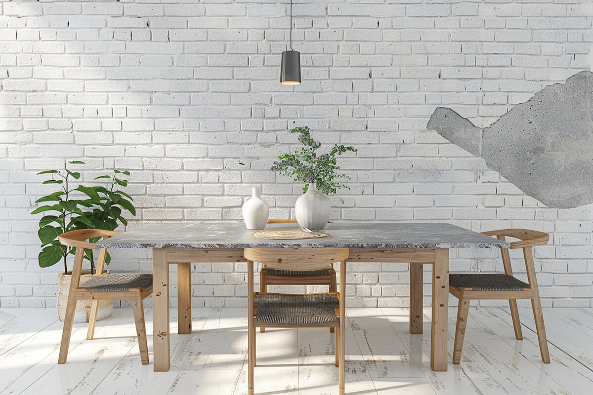 Modern 4-Seater Wood And Granite Dining Room Design With White Brick Wall