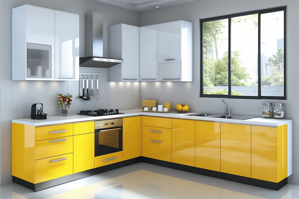 Modern L-Shaped Kitchen Design with White and Yellow Cabinets