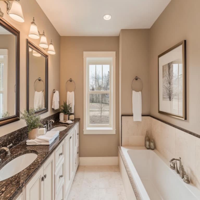 Classic Beige And Brown Bathroom Design With Square Mirror