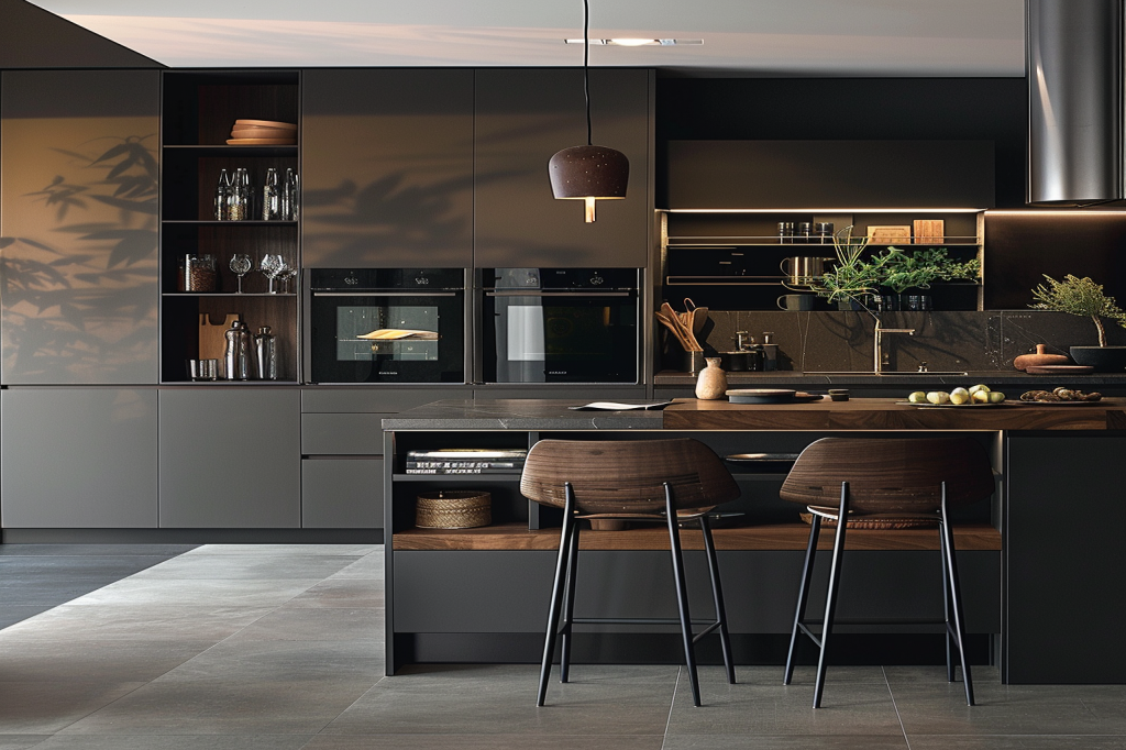 Modern Modular Light And Dark Grey Island Kitchen Design With Wooden High Chairs